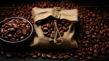 Kaffee Tasche eingewickelt im Kaffee Bohnen, generativ ai foto