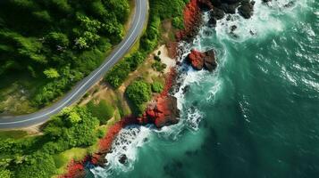 generativ ai, Antenne Aussicht von gebogen Asphalt Straße in der Nähe von das Ozean oder Meer, Küste foto