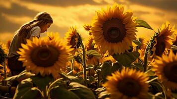 Sonnenblume Nahansicht. schön jung Frau im ein Feld mit Sonnenblumen. jung schön Frau im Feld von Sonnenblumen beim Sonnenuntergang, Sommer- Zeit. foto