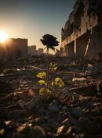 schön rot Rose Das wächst auf das Bewegungen von ein zerstört Stadt im das Strahlen von das Rahmen Sonne foto