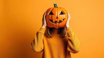 Porträt von ein Frau mit Kürbis Kopf. komisch jung Mädchen Stehen isoliert auf ein Gelb Hintergrund, halten ein geschnitzt Orange Kürbis und versteckt ihr Gesicht hinter Es. Halloween Konzept. generativ ai foto