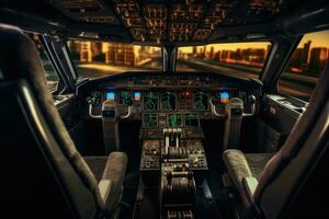 Cockpit von modern bürgerlich Flugzeug. Flugzeug Kabine. generativ ai foto