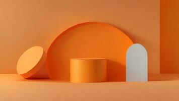 Orange Podium zum Produkt Präsentation, abstrakt Orange Hintergrund mit Kopieren Raum, Geometrie Anzeige ai generiert foto