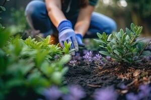 fotografieren von ein Frau im Garten Handschuhe Pflanzen Blumen zu wachsen Blumen im ihr Garten. generativ ai foto