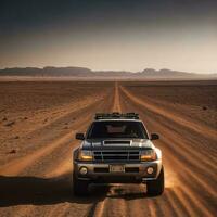 Foto von LKW im heiß Sand Wüste, generativ ai