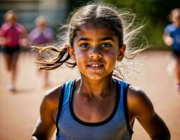 Foto von Mädchen Kinder Laufen Rennen Sport beim Schule, generativ ai