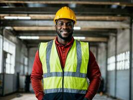 Foto von afrikanisch schwarz Mann wie ein Konstruktion Arbeiter mit Helm, generativ ai