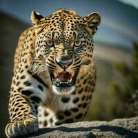 Foto von groß Leopard Laufen im das Wald, generativ ai