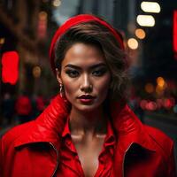 Foto von Frau im rot Stoff beim Straße Nacht mit Licht, generativ ai