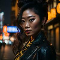 Foto von asiatisch Frau beim Straße Nacht mit Licht, generativ ai