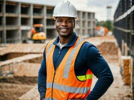 Foto von afrikanisch schwarz Mann wie ein Konstruktion Arbeiter mit Helm, generativ ai