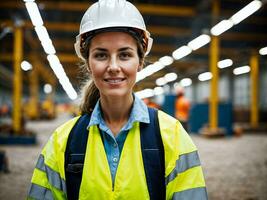 Foto von Frau wie ein Konstruktion Arbeiter mit Helm, generativ ai