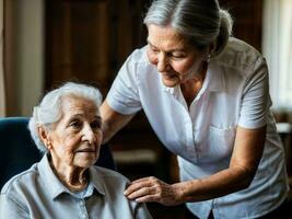 Foto von Frau nehmen Pflege Senior Frau beim heim, generativ ai