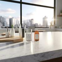 Küche Zähler oben zum Produkt Anzeige mit modern minimalistisch Küche Zimmer Innere im das Hintergrund. generativ ai foto