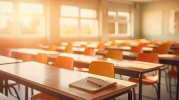 Schule Klassenzimmer im verwischen Hintergrund ohne jung Student. verschwommen Aussicht von elementar Klasse Zimmer Nein Kind oder Lehrer mit Stühle und Tabellen im Campus. zurück zu Schule Konzept. generativ ai foto