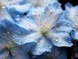 schließen oben von Blau Blumen mit Tropfen von Wasser auf dunkel Hintergrund. schön Makro Foto. bunt Blumen. generativ ai foto