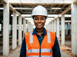 Foto von afrikanisch schwarz Frau wie ein Konstruktion Arbeiter mit Helm, generativ ai