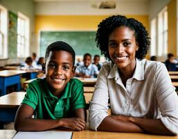 Foto von glücklich Lehrer und Kinder beim Schule Zimmer, generativ ai