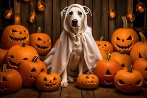 Hund tragen ein Geist Kostüm Sitzung zwischen Kürbisse zum Halloween im Herbst Hintergrund. generativ ai foto