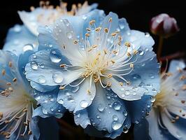 schließen oben von Blau Blumen mit Tropfen von Wasser auf dunkel Hintergrund. schön Makro Foto. bunt Blumen. generativ ai foto