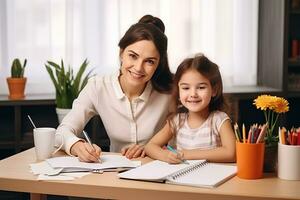 glücklich Kind und Erwachsene sind Sitzung beim Schreibtisch. Mädchen tun Hausaufgaben oder online Bildung. generativ ai foto