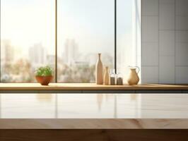 Küche Zähler oben zum Produkt Anzeige mit modern minimalistisch Küche Zimmer Innere im das Hintergrund. generativ ai foto