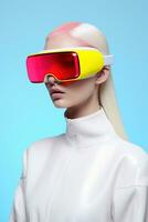 Illustration von ein Mode Porträt tragen ein virtuell Wirklichkeit vr Headset.,, ai generiert. foto