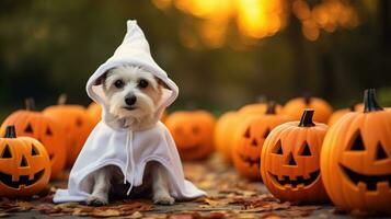 Hund tragen ein Geist Kostüm Sitzung zwischen Kürbisse zum Halloween im Herbst Hintergrund. generativ ai foto