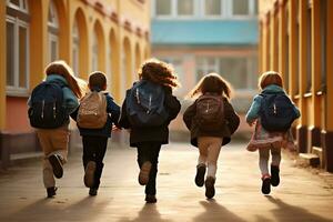 Gruppe von elementar Schule Kinder Laufen beim Schule, zurück Sicht. zurück zu Schule Konzept. generativ ai foto