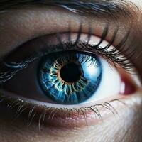 perfekt Blau Auge Makro im ein steril Umgebung und perfekt Vision im hoch Auflösung. das Vision von das Zukunft und gesund Leben Konzept. generativ ai foto