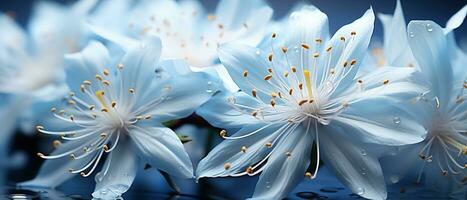 schließen oben von Blau Blumen mit Tropfen von Wasser auf dunkel Hintergrund. schön Makro Foto. bunt Blumen. generativ ai foto