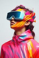 Illustration von ein Mode Porträt tragen ein virtuell Wirklichkeit vr Headset. ai generiert. foto