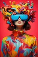 Illustration von ein Mode Porträt tragen ein virtuell Wirklichkeit vr Headset. ai generiert. foto