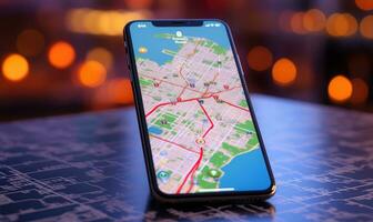 zeigen Smartphone mit Geographisches Positionierungs System Navigation und Karte Symbole auf verschwommen Straße abstrakt Hintergrund . ai generiert foto