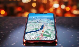 zeigen Smartphone mit Geographisches Positionierungs System Navigation und Karte Symbole auf verschwommen Straße abstrakt Hintergrund . ai generiert foto