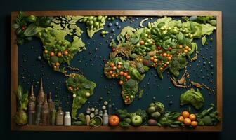 Karte von das Welt gemacht oben von ein Vielfalt von Früchte . ai generiert foto