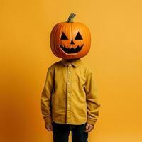 Porträt von ein Kind mit Kürbis Kopf. komisch Kind Stehen isoliert auf ein Gelb Hintergrund, halten ein geschnitzt Orange Kürbis und versteckt seine Gesicht hinter Es. Halloween Konzept. generativ ai foto