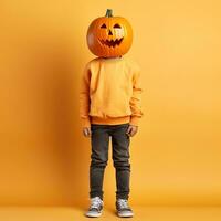 Porträt von ein Kind mit Kürbis Kopf. komisch Kind Stehen isoliert auf ein Gelb Hintergrund, halten ein geschnitzt Orange Kürbis und versteckt seine Gesicht hinter Es. Halloween Konzept. generativ ai foto