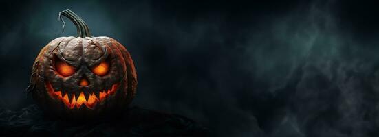 Halloween Kürbis Kopf Kürbislaterne auf dunkel Hintergrund. generativ ai foto