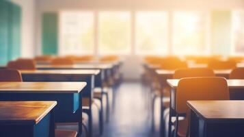 Schule Klassenzimmer im verwischen Hintergrund ohne jung Student. verschwommen Aussicht von elementar Klasse Zimmer Nein Kind oder Lehrer mit Stühle und Tabellen im Campus. zurück zu Schule Konzept. generativ ai foto