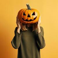 Porträt von ein Frau mit Kürbis Kopf. komisch jung Mädchen Stehen isoliert auf ein Gelb Hintergrund, halten ein geschnitzt Orange Kürbis und versteckt ihr Gesicht hinter Es. Halloween Konzept. generativ ai foto