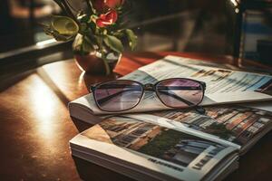 Zeitschriften auf Tabelle mit Brille. foto