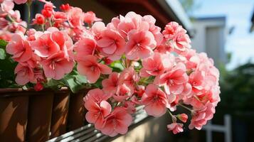 Rosa Pelargonie Blumen wachsend auf Balkon. foto