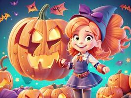 Karikatur Halloween Szene mit glücklich Mädchen Hexe - - Illustration zum Kinder foto