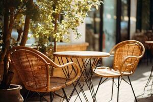 Korbweide Stühle und ein Metall Tabelle im ein draussen Sommer- Cafe foto