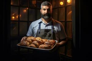 Bäcker halten ein Tablett voll von Brot Innerhalb ein Bäckerei foto