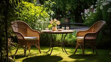 Korbweide Stühle und ein Metall Tabelle im ein draussen Sommer- Garten. foto