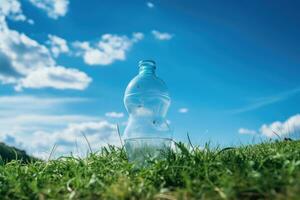 ein Plastik Flasche auf Rasen mit Blau Himmel im das Hintergrund . foto