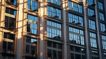 modern Glas Gebäude mit Fenster Reflexionen und Schatten ai generativ foto