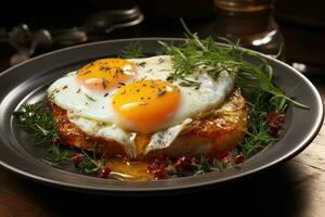 frisch Gourmet Mahlzeit gebraten Ei auf Platte. foto